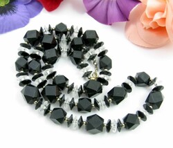 Necklace Vintage Big Odd Angular BLACK &amp; CLEAR Disks Plastic BEAD 24&quot; Si... - £18.08 GBP