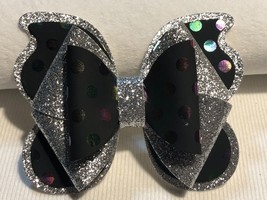 BUTTERFLY HAIR BOW, 4 LAYERSOF FAUX LEATHER, SILVER AND BLACK WITH POLKA... - $7.66