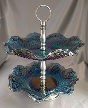 Vintage Iridescent Blue Carnival Glass Two Tier Hostess Server w/ Box (N... - $97.02