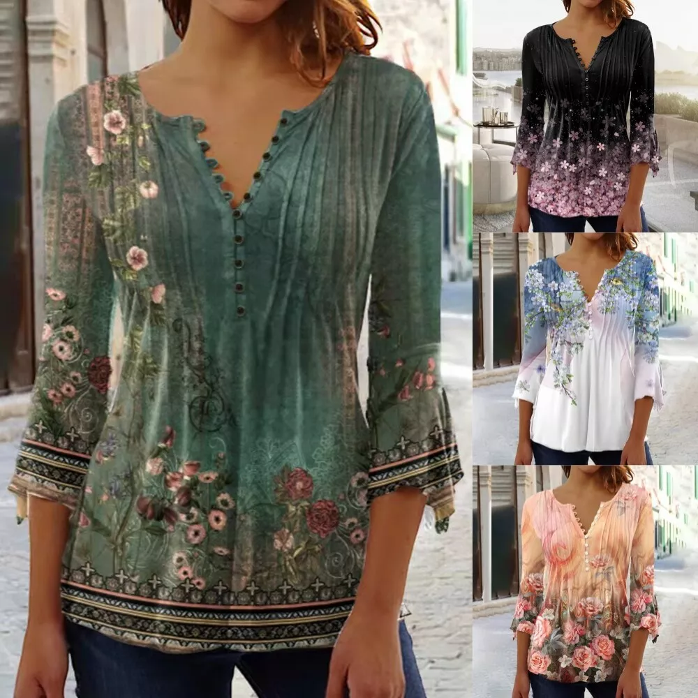 Women V-Neck Floral Print Tops T-Shirt Ladies Summer Casual Blouse Tee P... - £22.49 GBP