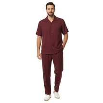Men INSERCH 2pc Walking Leisure Suit Shirt Pants Set Short Sleeves 9356 Burgundy image 6