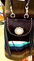 Black Raviani Crossover Texas Leather Steerhide Handbag Svarowski Fringe - £156.48 GBP