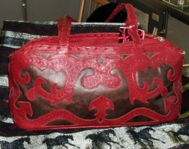 Leaders In Leather -cut tooled-handmade soft leather handbag bronze/red ... - $188.00