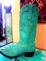 Lane Turquoise Embroidered Cowgirl Boot Leather Handmade Mexico - £279.77 GBP