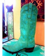 Lane Turquoise Embroidered Cowgirl Boot Leather Handmade Mexico - £275.68 GBP