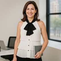 White House Black Market Tie-Neck Pleated Tiered Blouse Size 2 Sleeveles... - $41.01 CAD