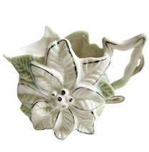 Cream Pitcher White Poinsettia Vintage Ceramic 4&quot; Green Leaves Silver Trim - £13.29 GBP
