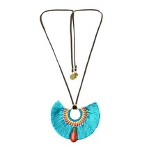 Chic Fan Shaped Light Blue Tassels with Red Synthetic Coral Accented Necklace - £13.95 GBP