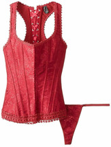 Corset Racerback Brocade Hook &amp; Eye Front Lace Up Back G String Set Red - £32.14 GBP