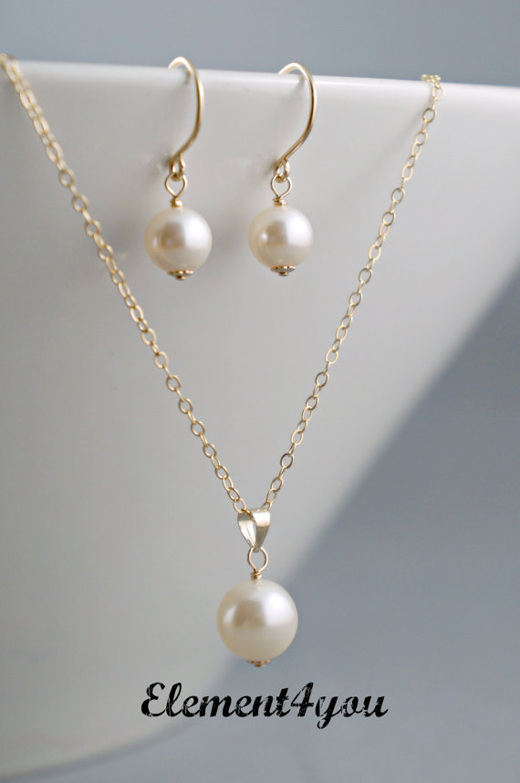 Bridesmaid jewelry set, Ivory pearl set, gold filled necklace earrings Wedding