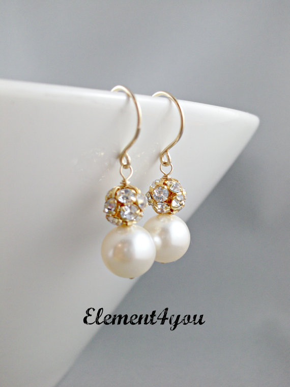 Bridesmaid earrings, Gold pearl earrings, Single pearl drop with rhinestone ball