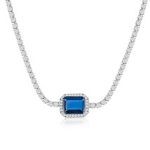 Sterling Silver Asscher-Cut Sapphire &amp; CZ Tennis Choker - £98.49 GBP