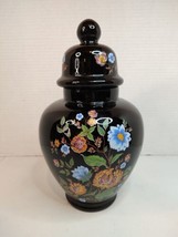 Vtg Large Ardalt Italy Glass Ginger Jar W Lid Black Hand Painted Floral  - £37.48 GBP