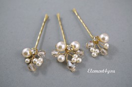 Bridal Hair Pins Ivory Pearl Rhinestones Crystals Pins. Cluster Pearl Hair gold - £20.73 GBP