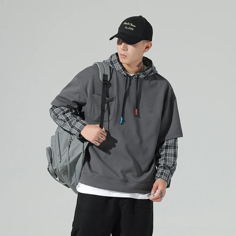 Plaid work Hoodie Men   New Harajuku Hoodies Men High Street Oversized Hooded Sw - £129.28 GBP