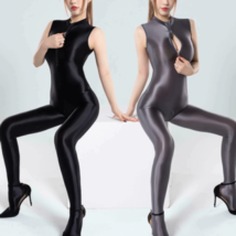 Damen Zipper Crotch Overalls Gamaschen Wetlook Satin Ganzanzug Catsuit P... - $22.88