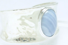 Artisan Crafted Hammered Sterling Blue Lace Agate Oval Gemstone Cuff Bracelet  - £55.08 GBP