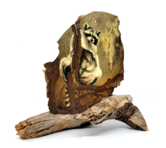 Hand Painted Raccoon On Picture Jasper Set On Wood Branch Base Awesome! - £46.66 GBP