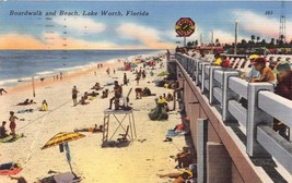 LAKE WORTH FLORIDA BOARDWALK~BEACH~FIRST NATIONAL BANK SIGN POSTCARD 196... - $8.90