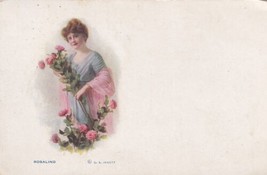 Rosalind Postcard Lady Blue Dress Pink Shawl Flowers - £2.35 GBP