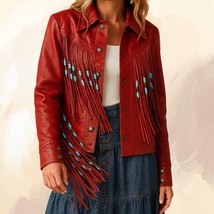 Handmade Red Leather Fringe Jacket: Western Cowgirl Style with Turquoise... - $199.95