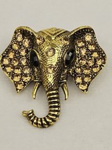 Vintage Gold Tone Elephant Head Brooch Pin Rhinestones Black Eyes 1.4&quot; Excellent - £25.44 GBP