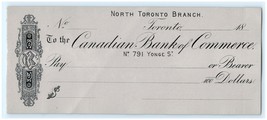 c1870 Canadian Bank of Commerce Check Unused North Toronto Branch - $443.90 MXN