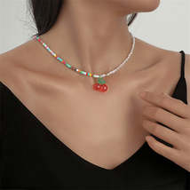 Red Acrylic &amp; Howlite Pearl Cherry Beaded Pendant Necklace - £10.29 GBP