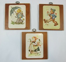 Lot of 3 Vintage Hummel Wood Wall Plaques Boy &amp; Girl Umbrella Flowers Basket - £16.02 GBP