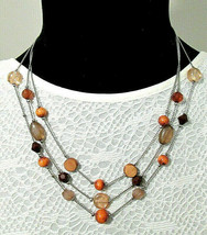 Triple Strand Silver Tone &amp; Faux Glass &amp; Wood Necklace Earthtone Boho Jewelry - £8.77 GBP