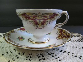 Rosina Maroon Teacup Motif Surrounding Pink Flower footed and Saucer Bone China - £14.43 GBP