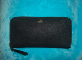 FOSSIL Black Shimmer Leather Zip Around Wallet- Leather Interior- CONTIN... - £15.18 GBP