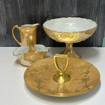 4 Antique Gold Luster Signed Porcelain Serving Dessert Pieces Limoges &amp; ... - £77.08 GBP