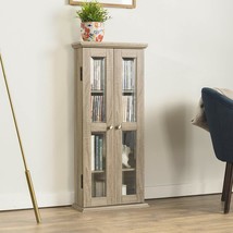 Rustic Finish Wooden Media Cabinet 4 Shelf CD DVD Storage Tower Glass Door Stand - £190.35 GBP