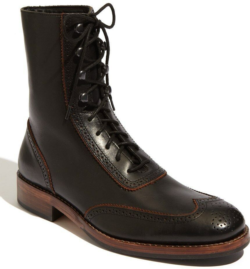 Men's Military Style Black Wing Tip Brogue Toe High Ankle Leather Boots US 7-16