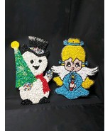 1970s Melted Plastic Popcorn Black Outlined Angel &amp; Snowman Christmas Decor - $24.99