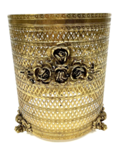 Vintage Hollywood Regency Gold Filigree Waste Basket Roses Ormolu No Liner - $65.00