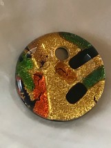 Estate Iridescent Gold Colored w Green &amp; Orange &amp; Blue Fused Art Glass Circle Pe - £8.17 GBP