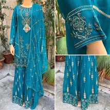 Pakistani Ferozi Blue Straight Style Embroidered Sequins Chiffon Gharara Dress,M - £105.09 GBP