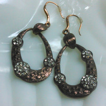 Bronze Tone Dangle Earrings Accented with Clear Rhinestones - £5.04 GBP