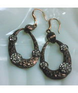 Bronze Tone Dangle Earrings Accented with Clear Rhinestones - £5.07 GBP