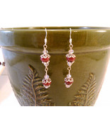 Ruby and Crystal Drop Sterling Wire Wrap Earrings w/ Metal Bead caps - £7.60 GBP
