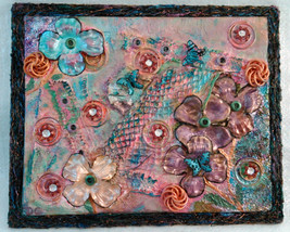 Shabby Mixed Media Collage Assemblage &quot;Spring Fling&quot; on Canvas Board Mul... - £22.43 GBP