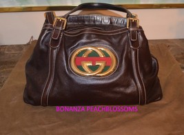 Authentic Gucci Britt Gold Leather Web GG Brown Leather Medium Tote Bag  - £221.69 GBP
