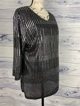 Chicos 2 V Neck Rib Tunic Top Womens L 12 Foil Detail Lined Shimmer 3/4 Sleeves - £8.45 GBP