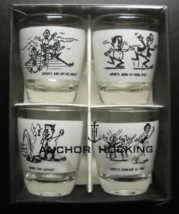 Anchor Hocking Shot Glasses Boxed Set of Four Vintage Humor White Wrap on Clear - £9.47 GBP
