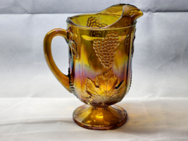 Indiana Glass Iridescent Marigold Harvest Grape Carnival Glass Footed Pitcher - £44.21 GBP