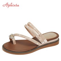 Aphixta Wees Sandals Women Rhinestones Female Flip Flops Summer Modis Leather Cr - £31.01 GBP