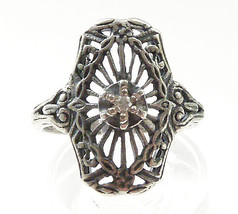 Vintage Art Deco Diamond Sterling Silver Filligree Ring, Sz 5 - £43.26 GBP