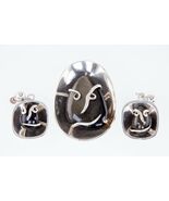 Vintage Mexico AE Jewelry Set Pendant &amp; Earrings W/ Obsidian set in Ster... - $170.35